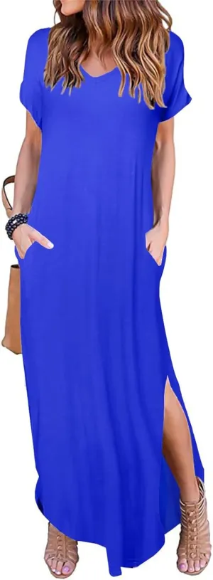 HUSKARY Women's Summer Maxi Dress Casual Loose Pockets Long Dress Short Sleeve Split Maxi Dresses