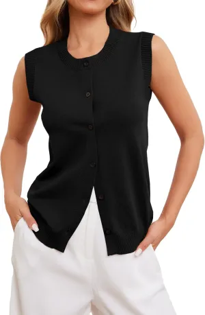 HVT Vest Tops for Women Button Up Round Neck Vest Knitted Tank Tops Casual Sleeveless Cardigan for Women