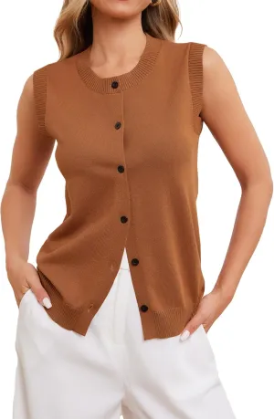 HVT Vest Tops for Women Button Up Round Neck Vest Knitted Tank Tops Casual Sleeveless Cardigan for Women
