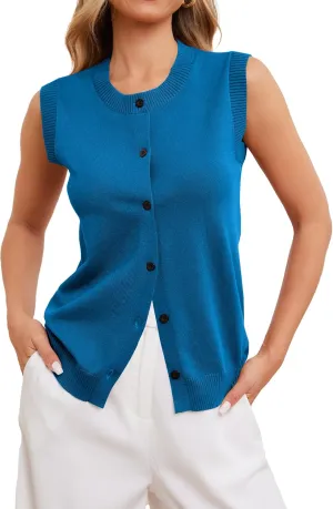 HVT Vest Tops for Women Button Up Round Neck Vest Knitted Tank Tops Casual Sleeveless Cardigan for Women