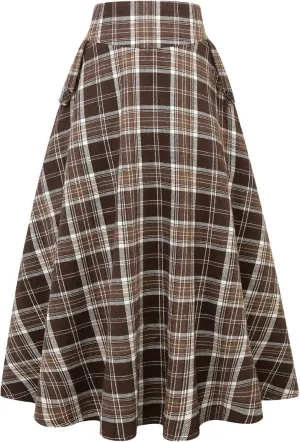 IDEALSANXUN Womens Plaid Skirts Fall Winter High Waisted A Line Long Pleated Maxi Skirt with Pockets