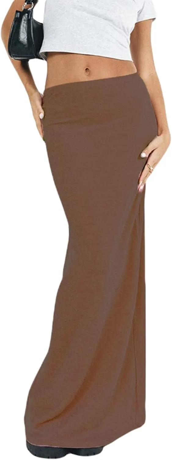 iTranyee Women Y2k Solid Color Pencil Maxi Skirt Trendy Elastic Waist Long Wrap Skirts Sexy Bodycon Stretchy Skirt Streetwear