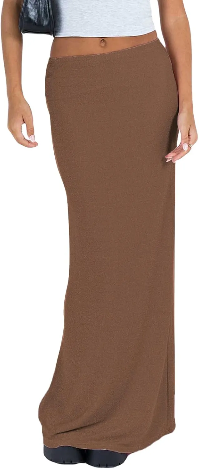 iTranyee Women Y2k Solid Color Pencil Maxi Skirt Trendy Elastic Waist Long Wrap Skirts Sexy Bodycon Stretchy Skirt Streetwear