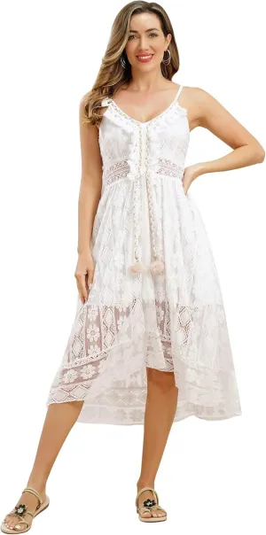 IWEMEK Women V Neck Floral Lace Boho Dress Summer Bohemian Beach Holiday Dresses Wedding Bridesmaid Cocktail Party Maxi Dress
