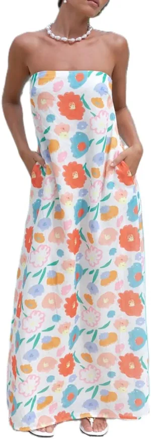 Juakoso Women Y2k Strapless Maxi Dress Floral Print Flowy A Line Long Dress Elegant Summer Vacation Party Dresses Beachwear