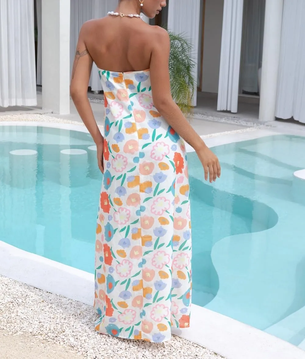 Juakoso Women Y2k Strapless Maxi Dress Floral Print Flowy A Line Long Dress Elegant Summer Vacation Party Dresses Beachwear