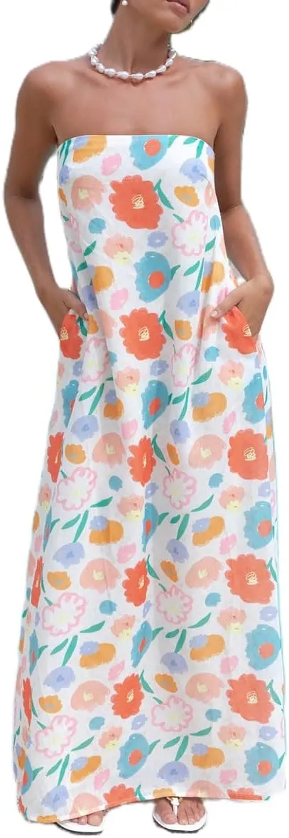 Juakoso Women Y2k Strapless Maxi Dress Floral Print Flowy A Line Long Dress Elegant Summer Vacation Party Dresses Beachwear