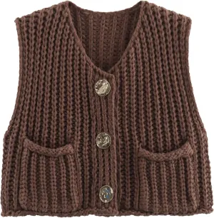 KEOMUD Women's Sleeveless Cropped Knit Cardigan 2025 Casual Button Down Crochet Sweater Vest Tops with Pockets