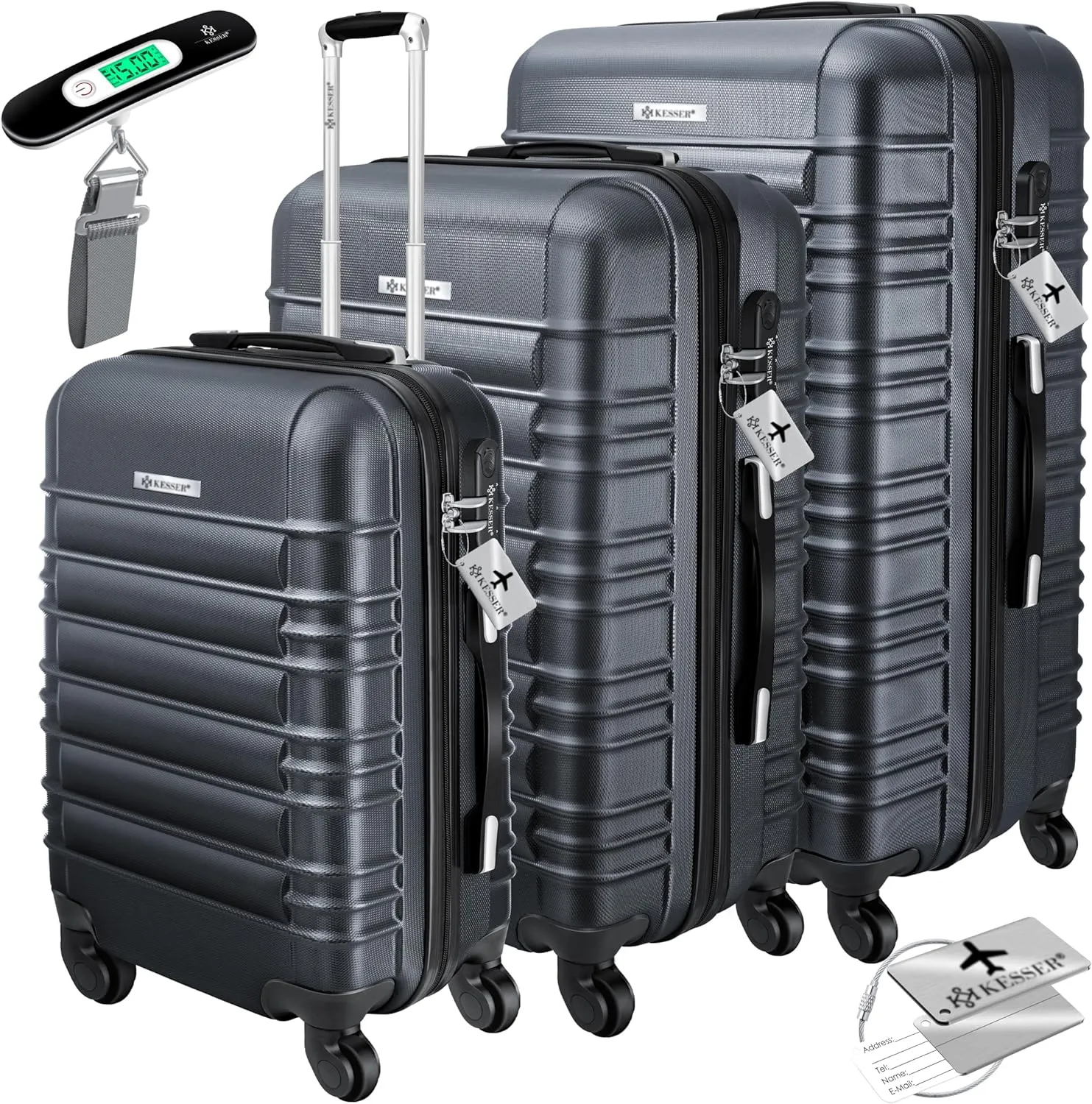 KESSER 3 Piece Hard Suitcase Set, Travel Suitcase Set, Trolley Suitcase Set, Including Luggage Scale   Luggage Tag, Rolling Suitcase Lock, Telescopic Handle M-L-XL, Anthracite, M-L-XL, Hard case set