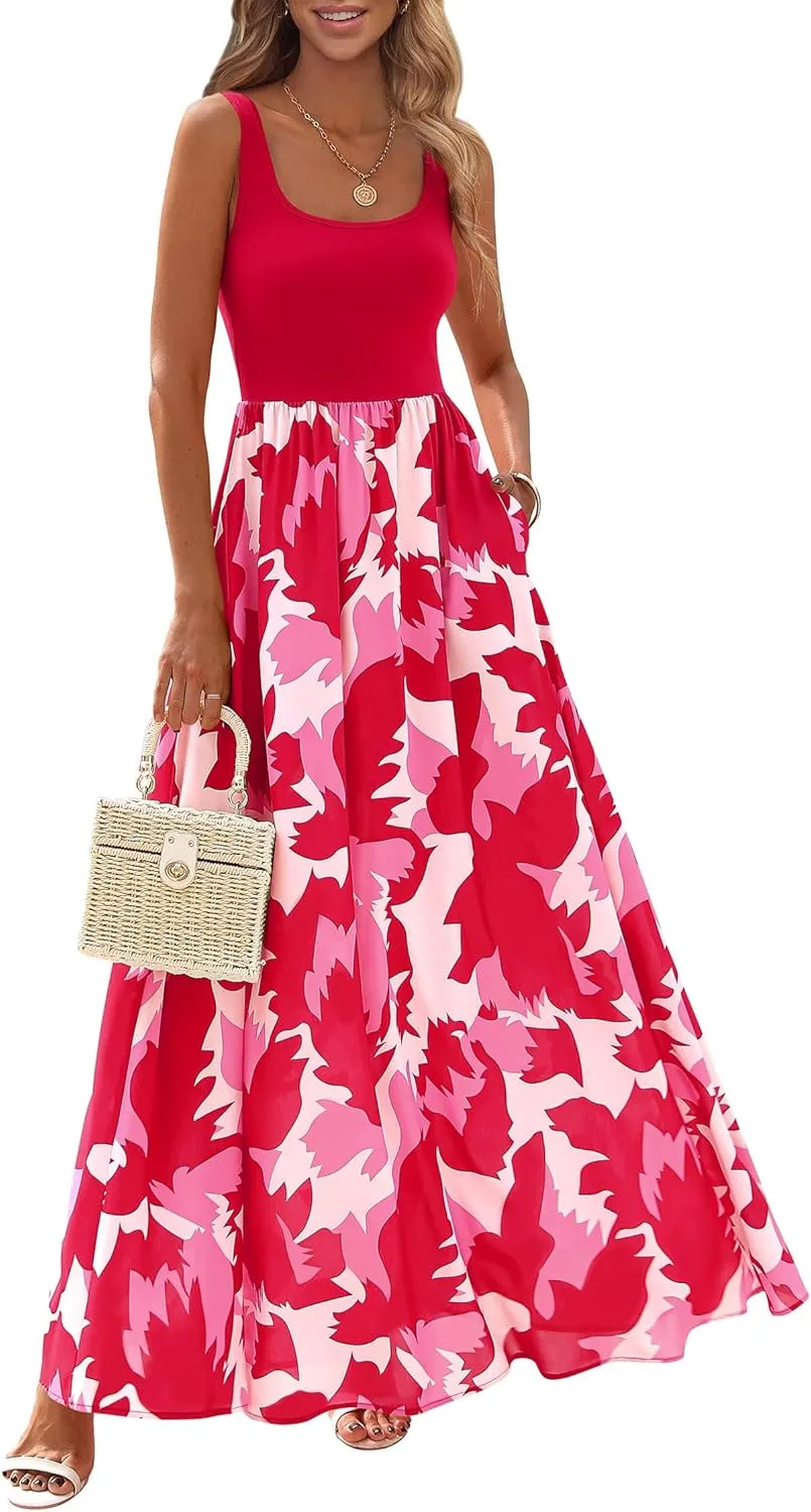 KIRUNDO Women Summer Sleeveless Boho Floral Maxi Dress 2025 Scoop Neck Tank A Line Flowy Beach Wedding Vacation Sundress