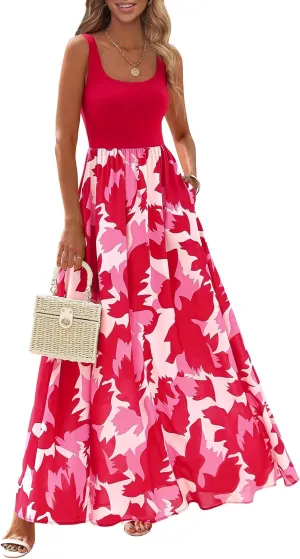 KIRUNDO Women Summer Sleeveless Boho Floral Maxi Dress 2025 Scoop Neck Tank A Line Flowy Beach Wedding Vacation Sundress