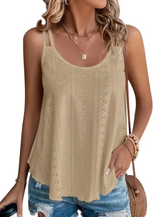 KKJ Womens Cute Tank Tops Eyelet Sleeveless Spaghetti Strap Scoop Neck Loose Casual 2025 Summer Beach Vacation Flowy Shirts