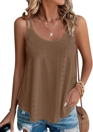 KKJ Womens Cute Tank Tops Eyelet Sleeveless Spaghetti Strap Scoop Neck Loose Casual 2025 Summer Beach Vacation Flowy Shirts