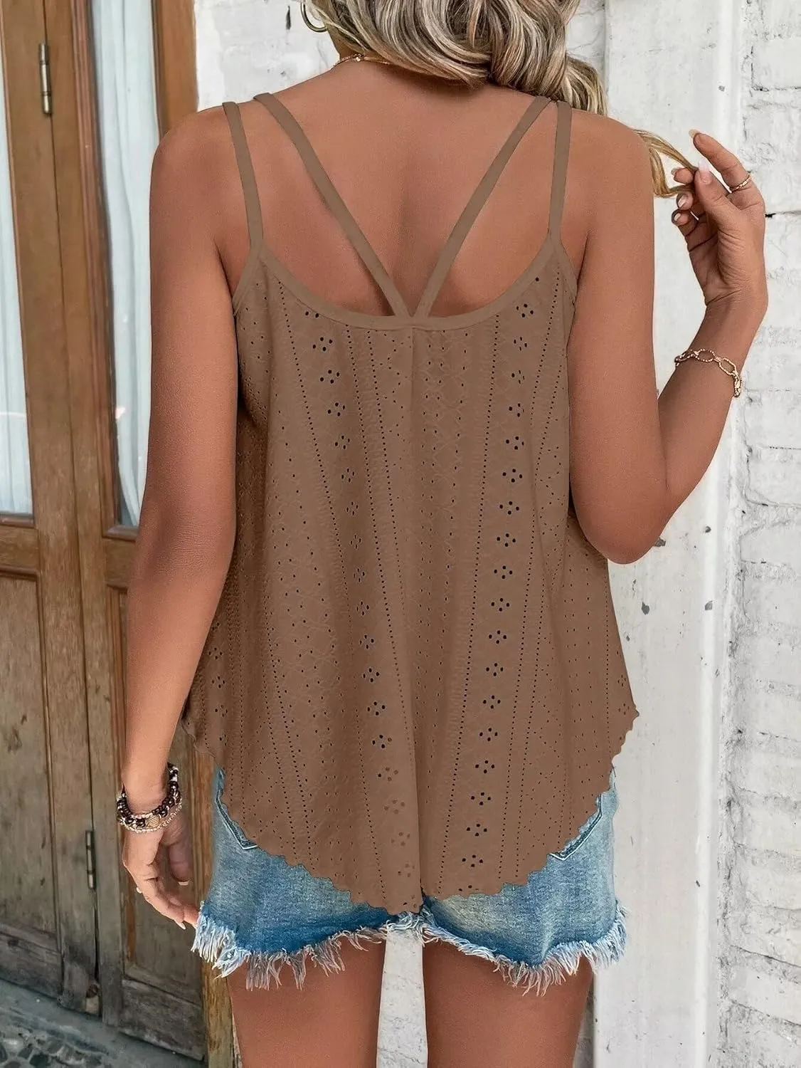 KKJ Womens Cute Tank Tops Eyelet Sleeveless Spaghetti Strap Scoop Neck Loose Casual 2025 Summer Beach Vacation Flowy Shirts