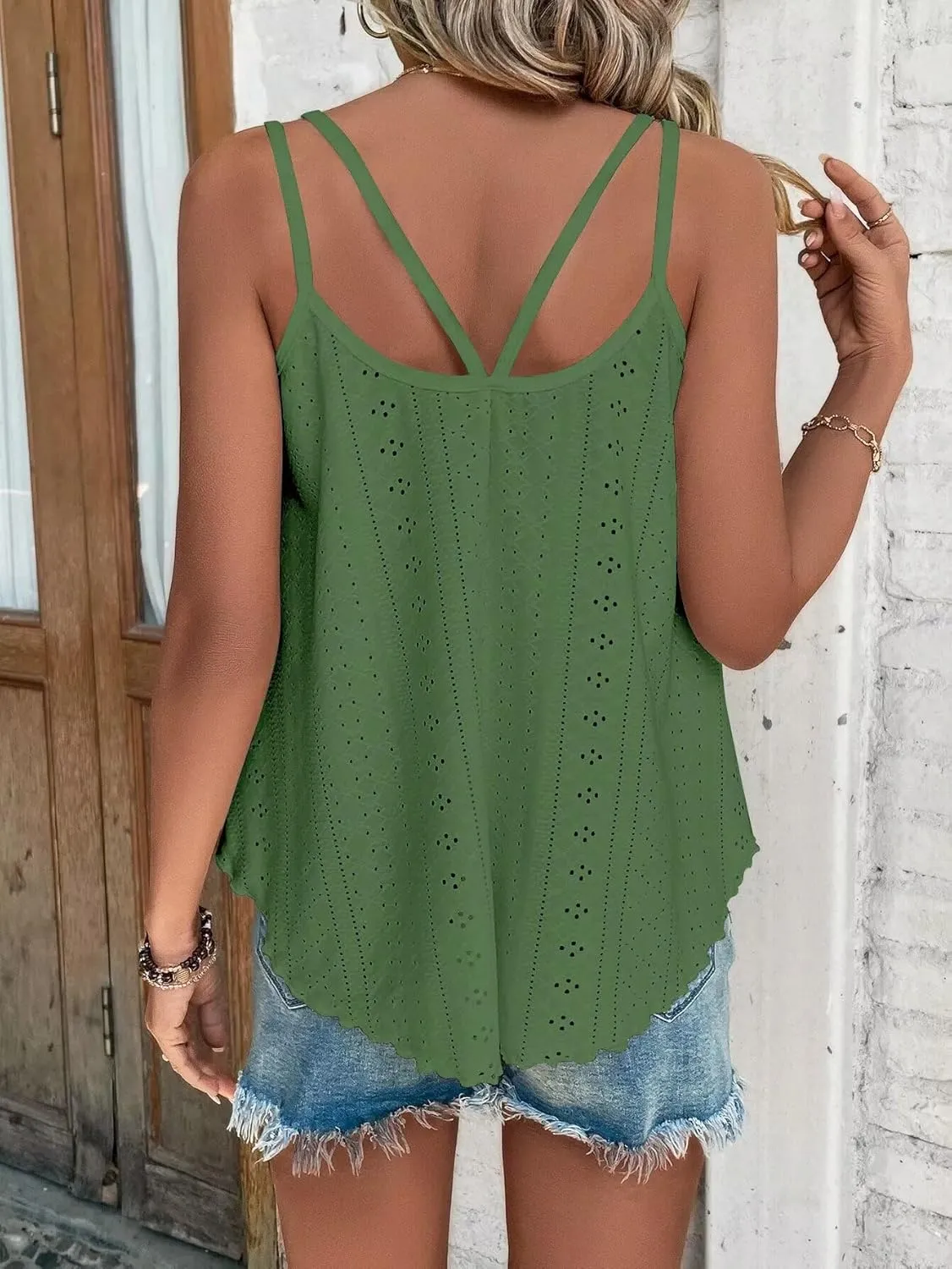 KKJ Womens Cute Tank Tops Eyelet Sleeveless Spaghetti Strap Scoop Neck Loose Casual 2025 Summer Beach Vacation Flowy Shirts