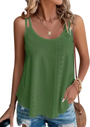 KKJ Womens Cute Tank Tops Eyelet Sleeveless Spaghetti Strap Scoop Neck Loose Casual 2025 Summer Beach Vacation Flowy Shirts