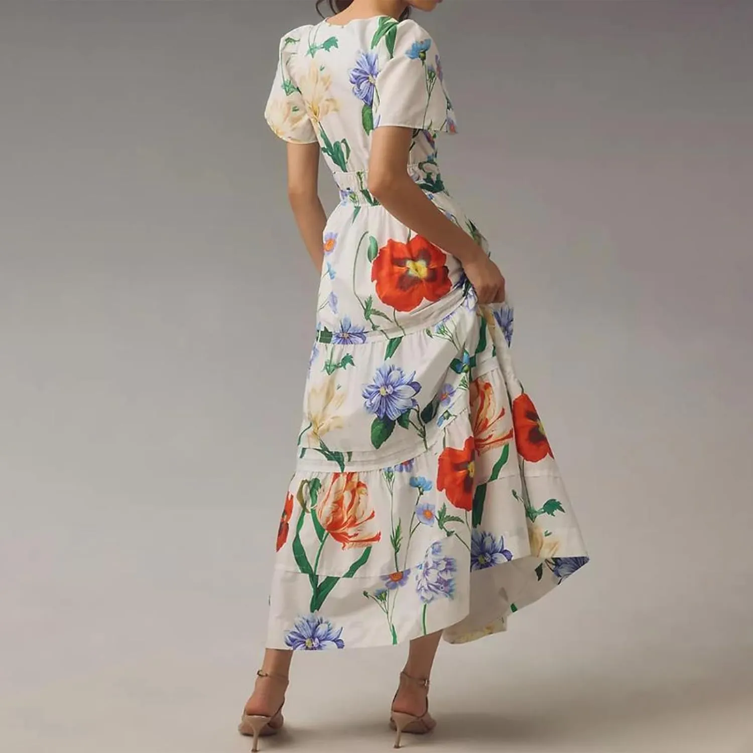 KMBANGI Women Flutter Sleeve Maxi Dress Boho Smocked Sundress Floral Printed Short Sleeve Tiered Ruffle Long Beach Dress