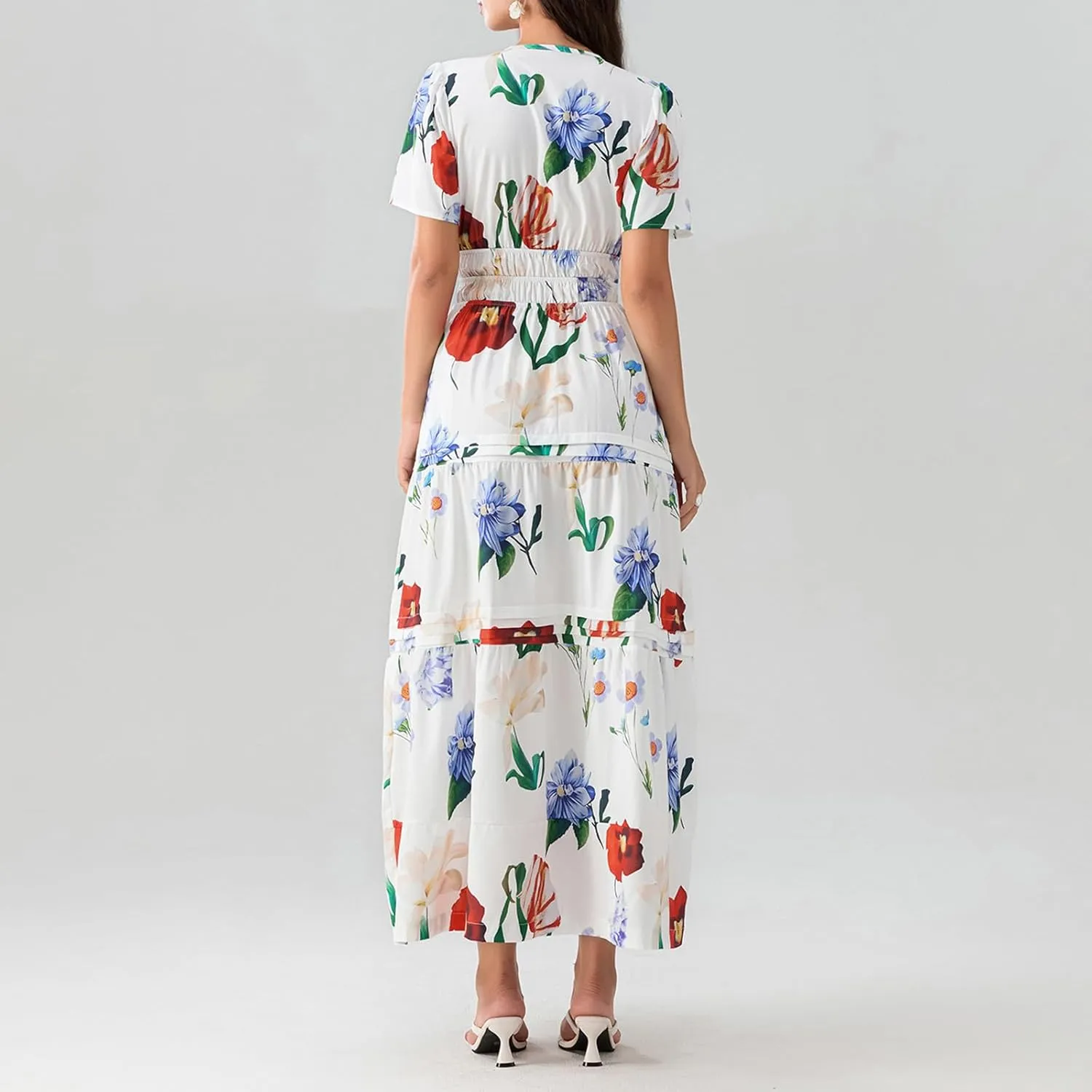 KMBANGI Women Flutter Sleeve Maxi Dress Boho Smocked Sundress Floral Printed Short Sleeve Tiered Ruffle Long Beach Dress