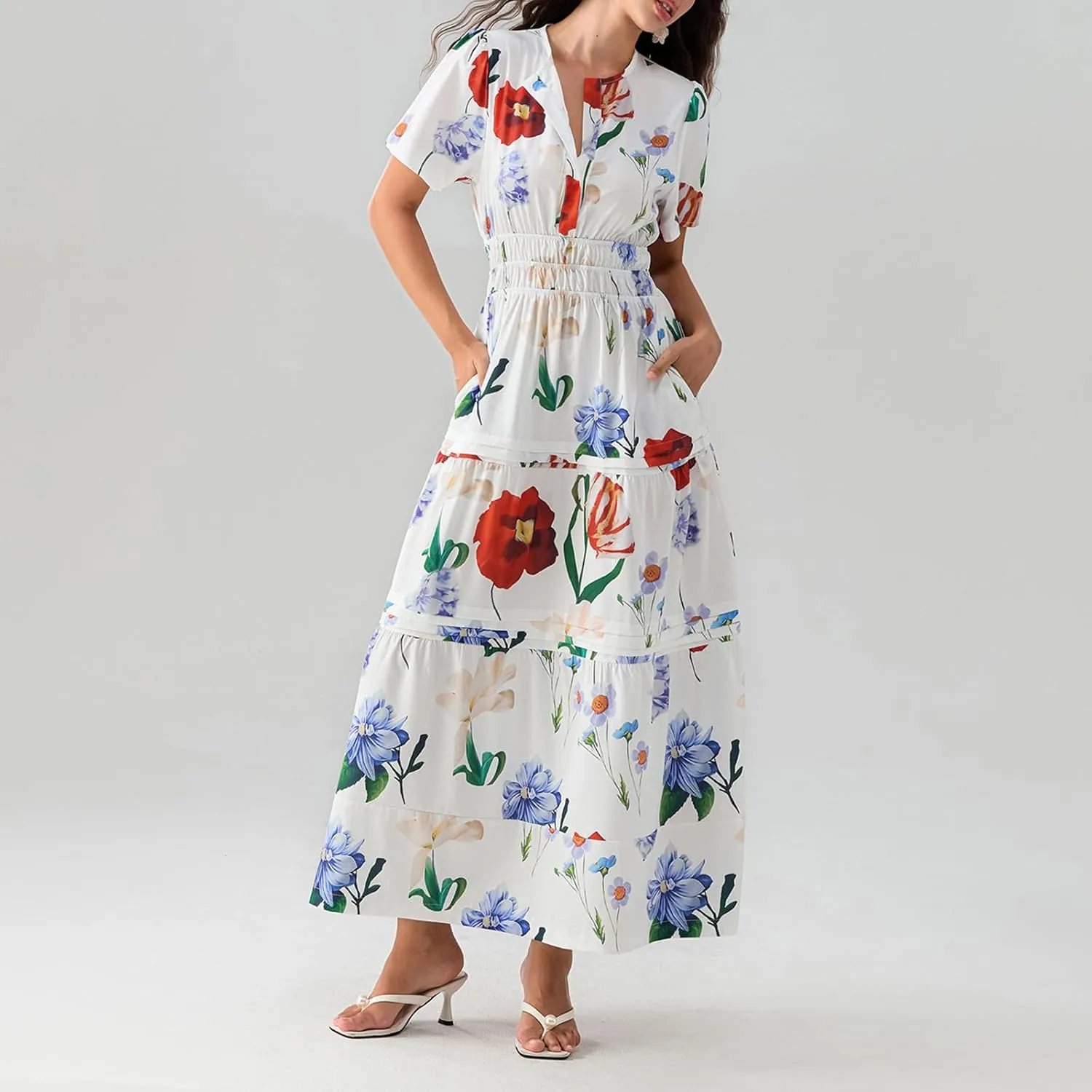 KMBANGI Women Flutter Sleeve Maxi Dress Boho Smocked Sundress Floral Printed Short Sleeve Tiered Ruffle Long Beach Dress