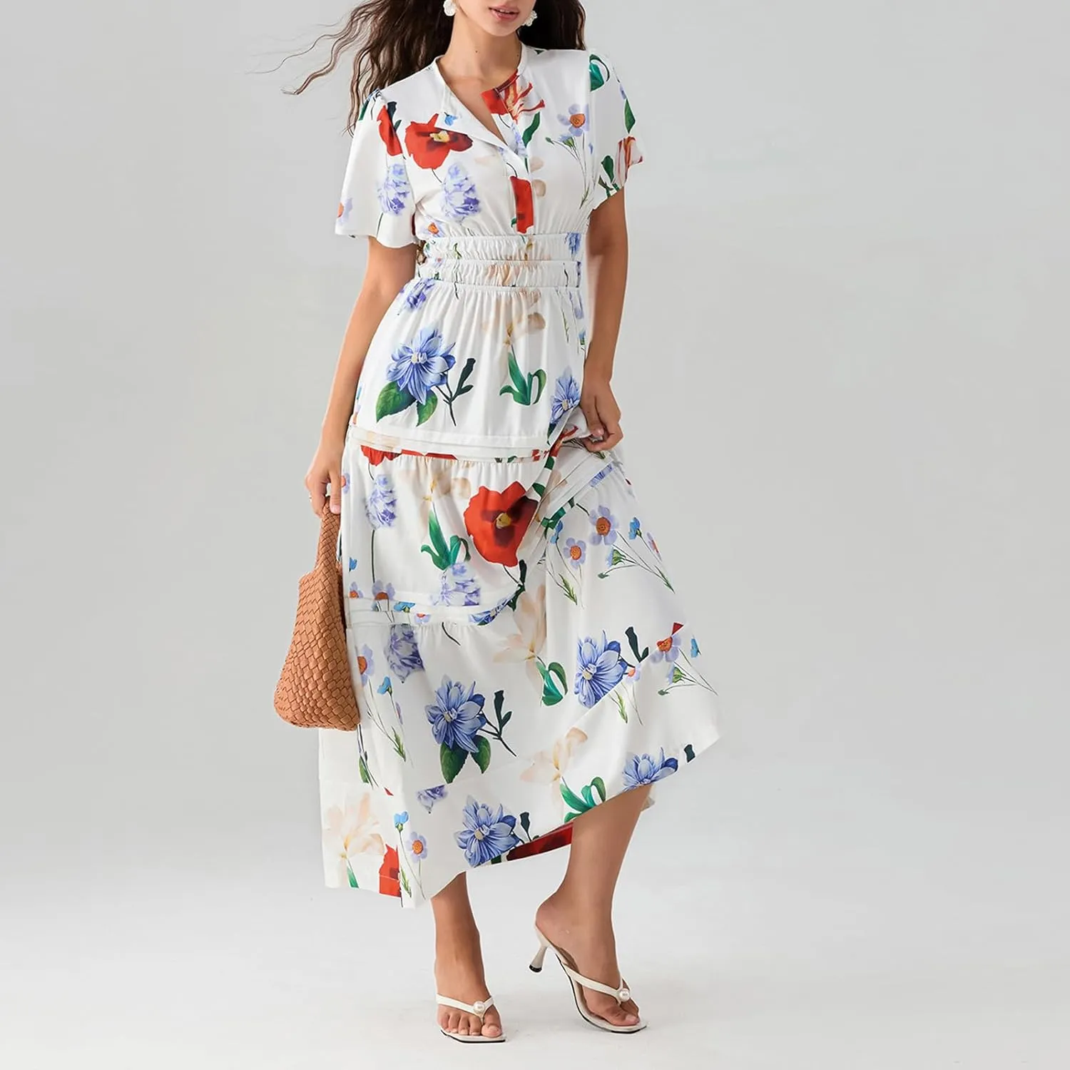 KMBANGI Women Flutter Sleeve Maxi Dress Boho Smocked Sundress Floral Printed Short Sleeve Tiered Ruffle Long Beach Dress