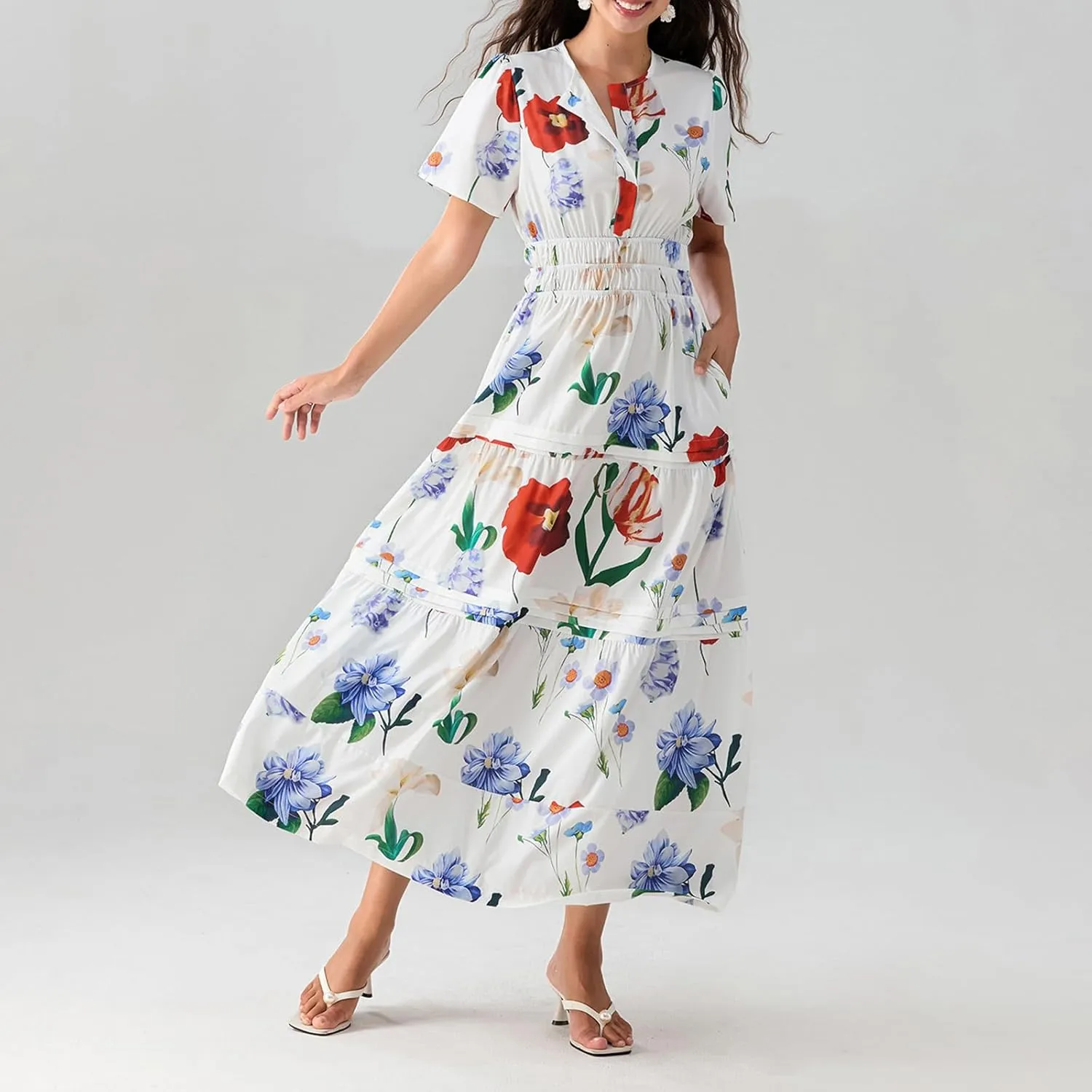 KMBANGI Women Flutter Sleeve Maxi Dress Boho Smocked Sundress Floral Printed Short Sleeve Tiered Ruffle Long Beach Dress