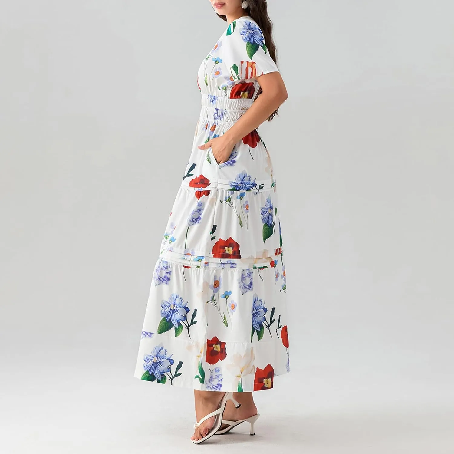 KMBANGI Women Flutter Sleeve Maxi Dress Boho Smocked Sundress Floral Printed Short Sleeve Tiered Ruffle Long Beach Dress