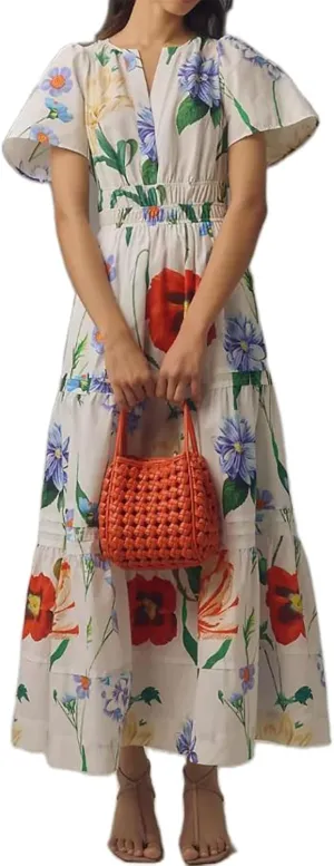 KMBANGI Women Flutter Sleeve Maxi Dress Boho Smocked Sundress Floral Printed Short Sleeve Tiered Ruffle Long Beach Dress