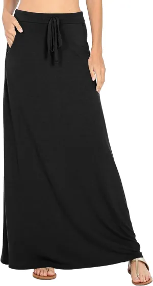 KOGMO Womens Casual Maxi Skirt with Waist Drawstring and Side Pockets (S-3X)