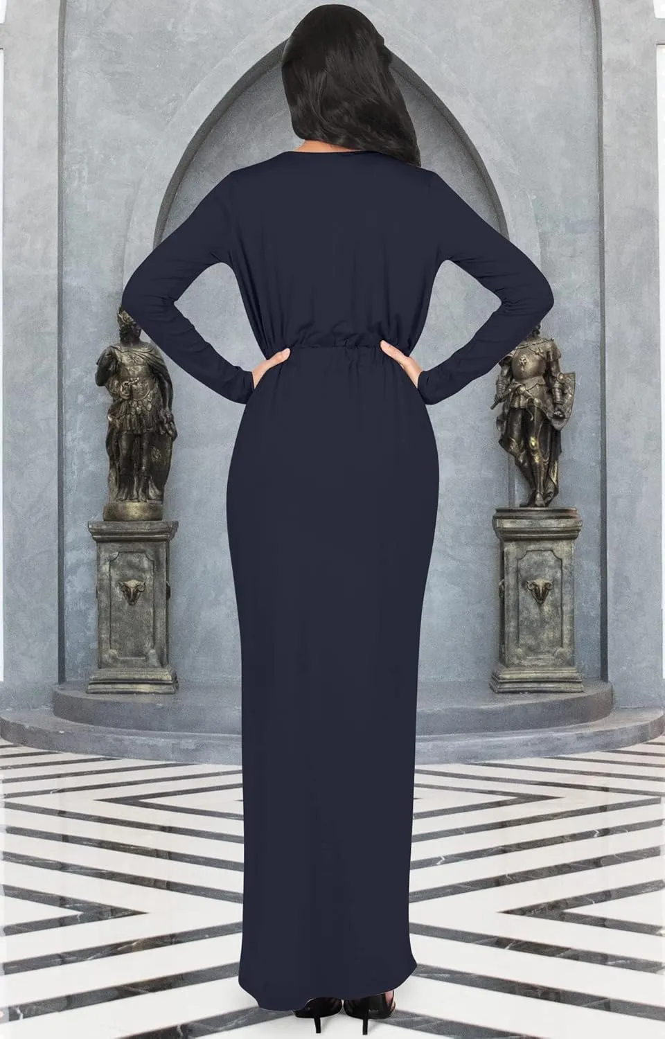 KOH KOH Womens Long Sleeve Formal Wrap Draped Cocktail V-Neck Gown Maxi Dress
