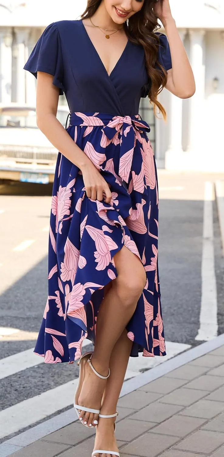 Kormei Women's Summer V Neck Short Sleeve Casual Boho Floral High Low Flowy Party Beach Long Maxi Dress