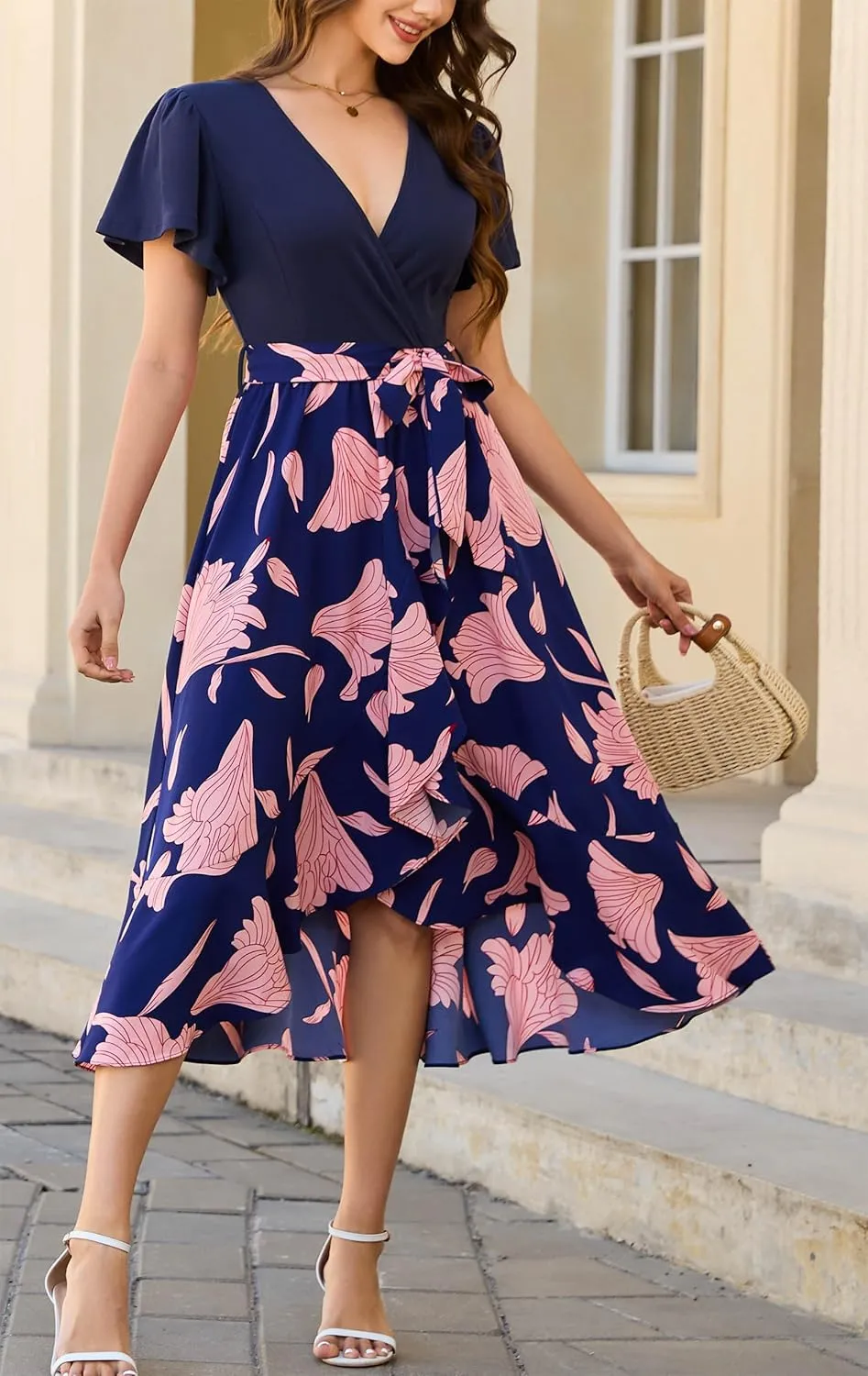 Kormei Women's Summer V Neck Short Sleeve Casual Boho Floral High Low Flowy Party Beach Long Maxi Dress