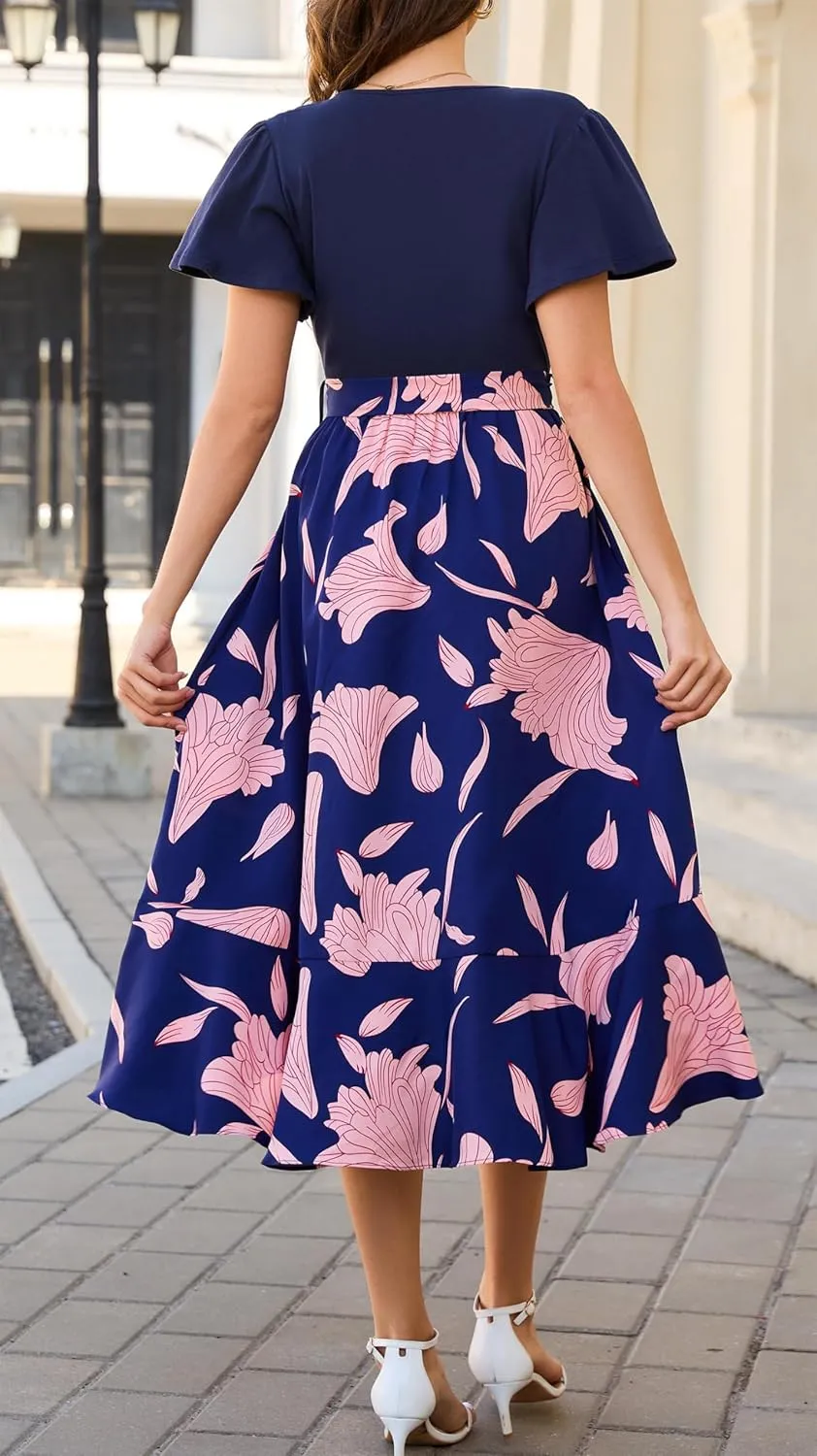 Kormei Women's Summer V Neck Short Sleeve Casual Boho Floral High Low Flowy Party Beach Long Maxi Dress