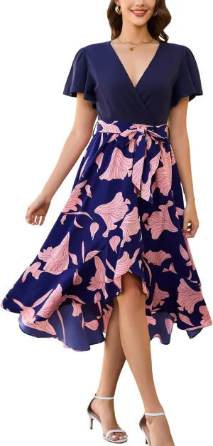 Kormei Women's Summer V Neck Short Sleeve Casual Boho Floral High Low Flowy Party Beach Long Maxi Dress
