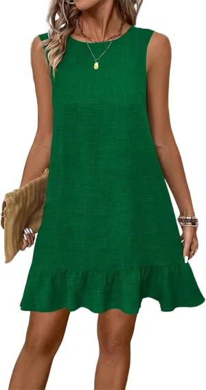 Kubbon Casual Dresses for Women Ruffle Hem Sleeveless Mini Dresses Loose Flowy Sundress Soild Color Back Bow Tie Dress