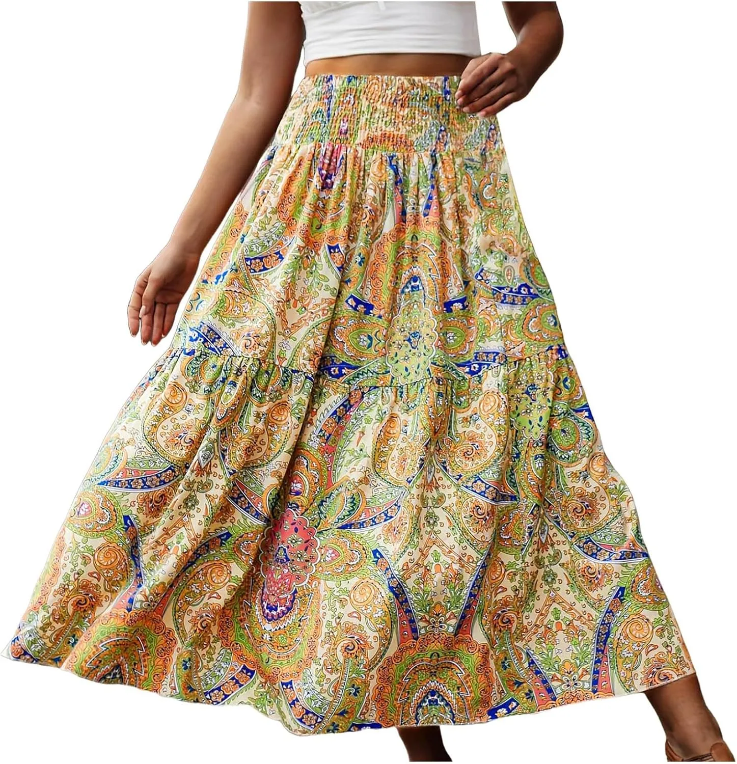 Ladies Boho Maxi Skirt Flowy Floral Pleated Skirts Summer Beach Long Skirt High Waisted Mexico Vacation Clothes for Women