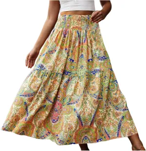 Ladies Boho Maxi Skirt Flowy Floral Pleated Skirts Summer Beach Long Skirt High Waisted Mexico Vacation Clothes for Women