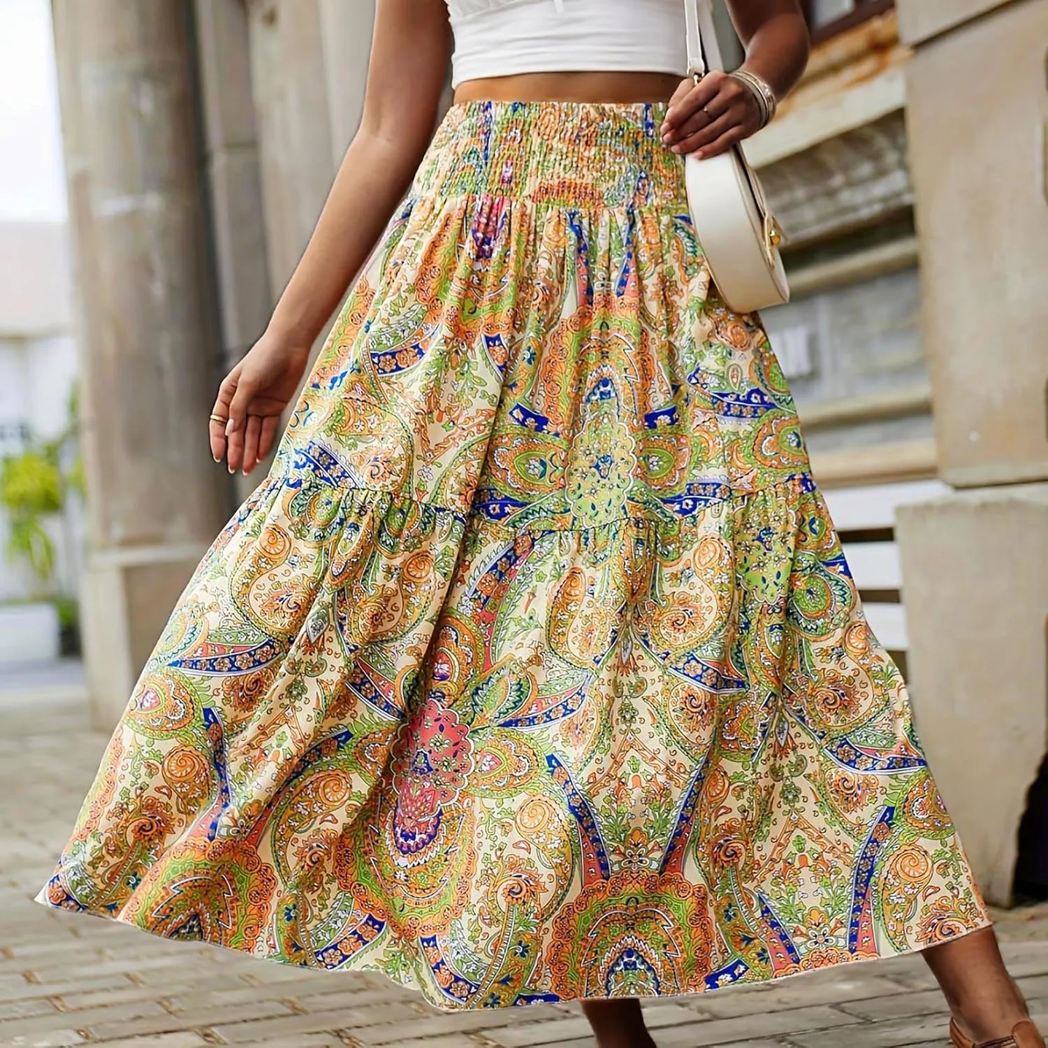 Ladies Boho Maxi Skirt Flowy Floral Pleated Skirts Summer Beach Long Skirt High Waisted Mexico Vacation Clothes for Women