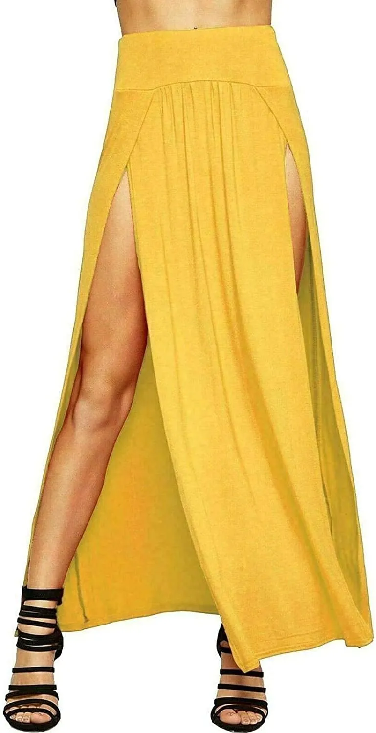 Ladies Double Split Maxi Long Skirt Plain Basic Two Side Slit High Waisted Stretchy Long Summer Party Wear Skirt
