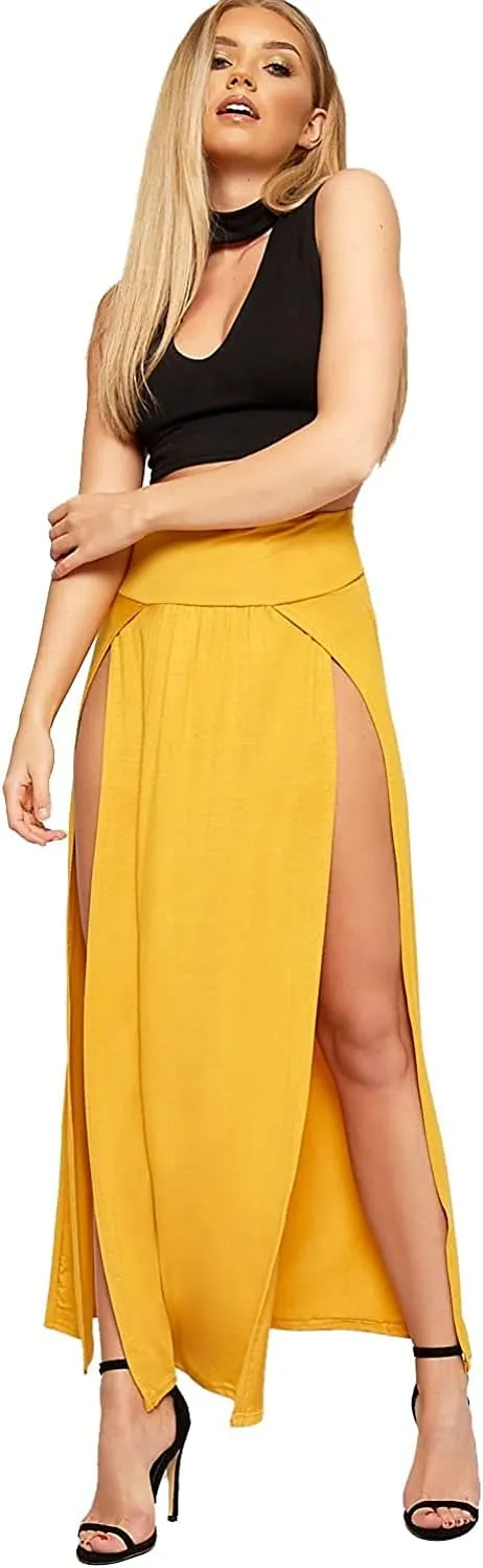 Ladies Double Split Maxi Long Skirt Plain Basic Two Side Slit High Waisted Stretchy Long Summer Party Wear Skirt