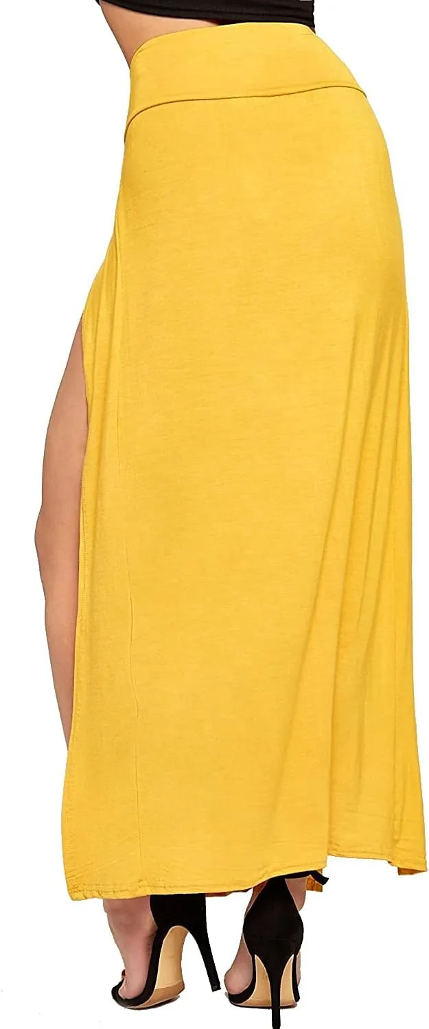 Ladies Double Split Maxi Long Skirt Plain Basic Two Side Slit High Waisted Stretchy Long Summer Party Wear Skirt