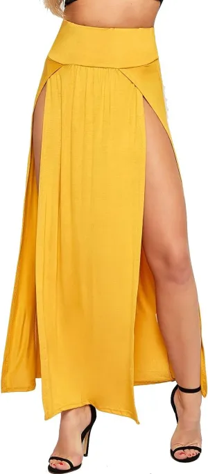 Ladies Double Split Maxi Long Skirt Plain Basic Two Side Slit High Waisted Stretchy Long Summer Party Wear Skirt
