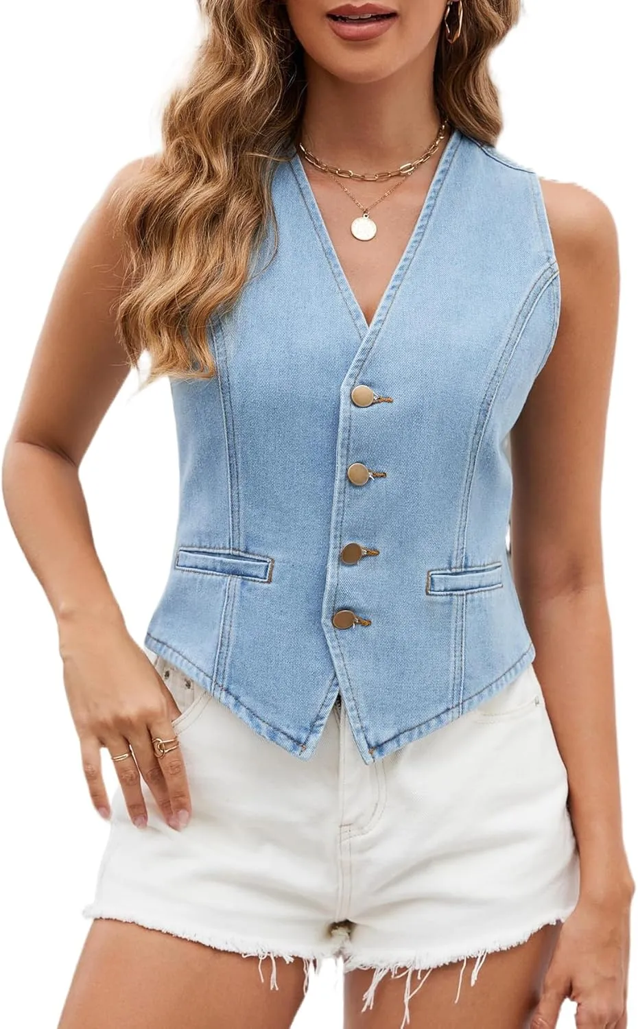 Ladyful Denim Vest Top for Women V Neck Jean Waistcoat Vest Button Down Sleeveless Denim Jacket