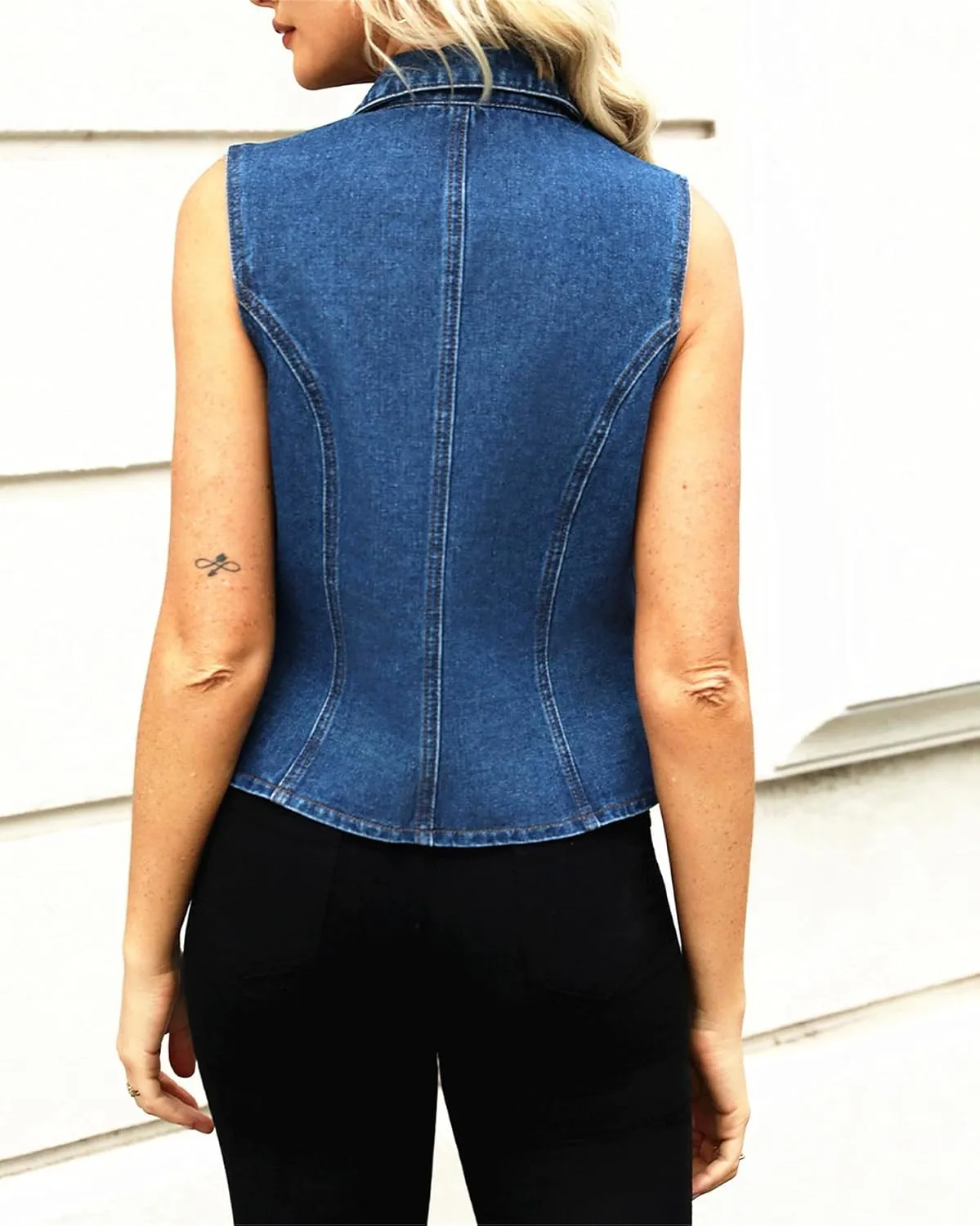 Ladyful Lapel Denim Vest for Women Sleeveless Business Work Jean Waistcoat Vest