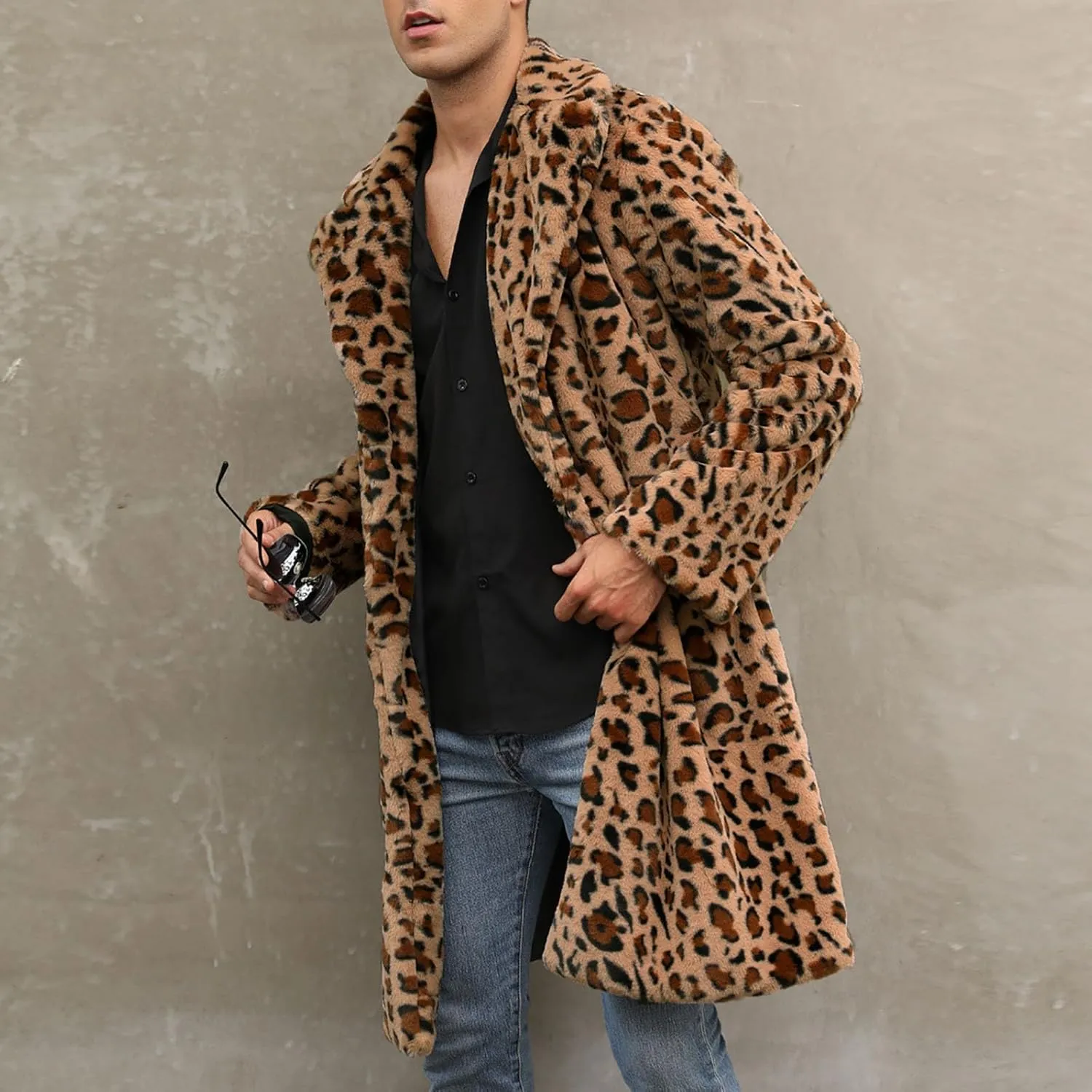 Leopard Print Faux Fur Coat Men Fuzzy Fleece Cardigan Winter Open Front Jacket Warm Overcoat Plus Size Outwear