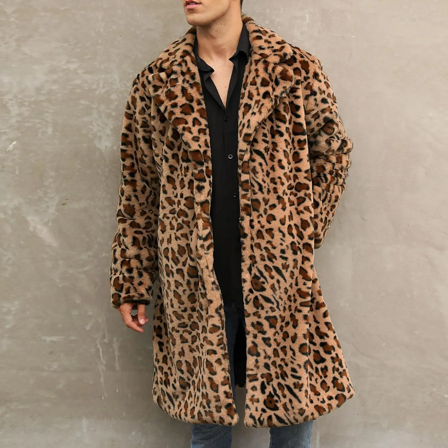 Leopard Print Faux Fur Coat Men Fuzzy Fleece Cardigan Winter Open Front Jacket Warm Overcoat Plus Size Outwear
