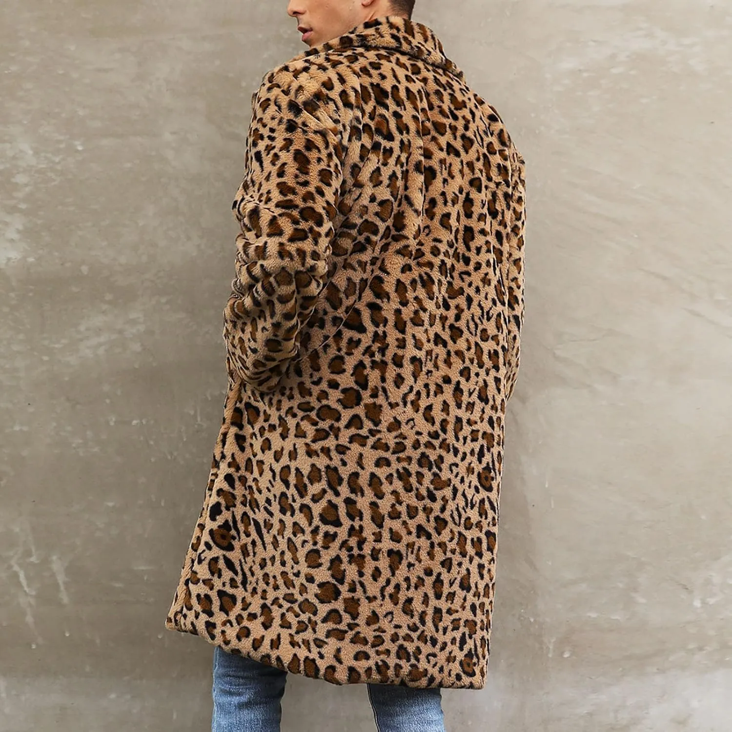 Leopard Print Faux Fur Coat Men Fuzzy Fleece Cardigan Winter Open Front Jacket Warm Overcoat Plus Size Outwear