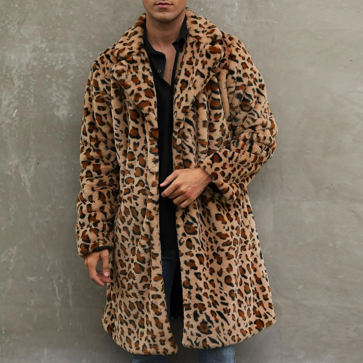 Leopard Print Faux Fur Coat Men Fuzzy Fleece Cardigan Winter Open Front Jacket Warm Overcoat Plus Size Outwear