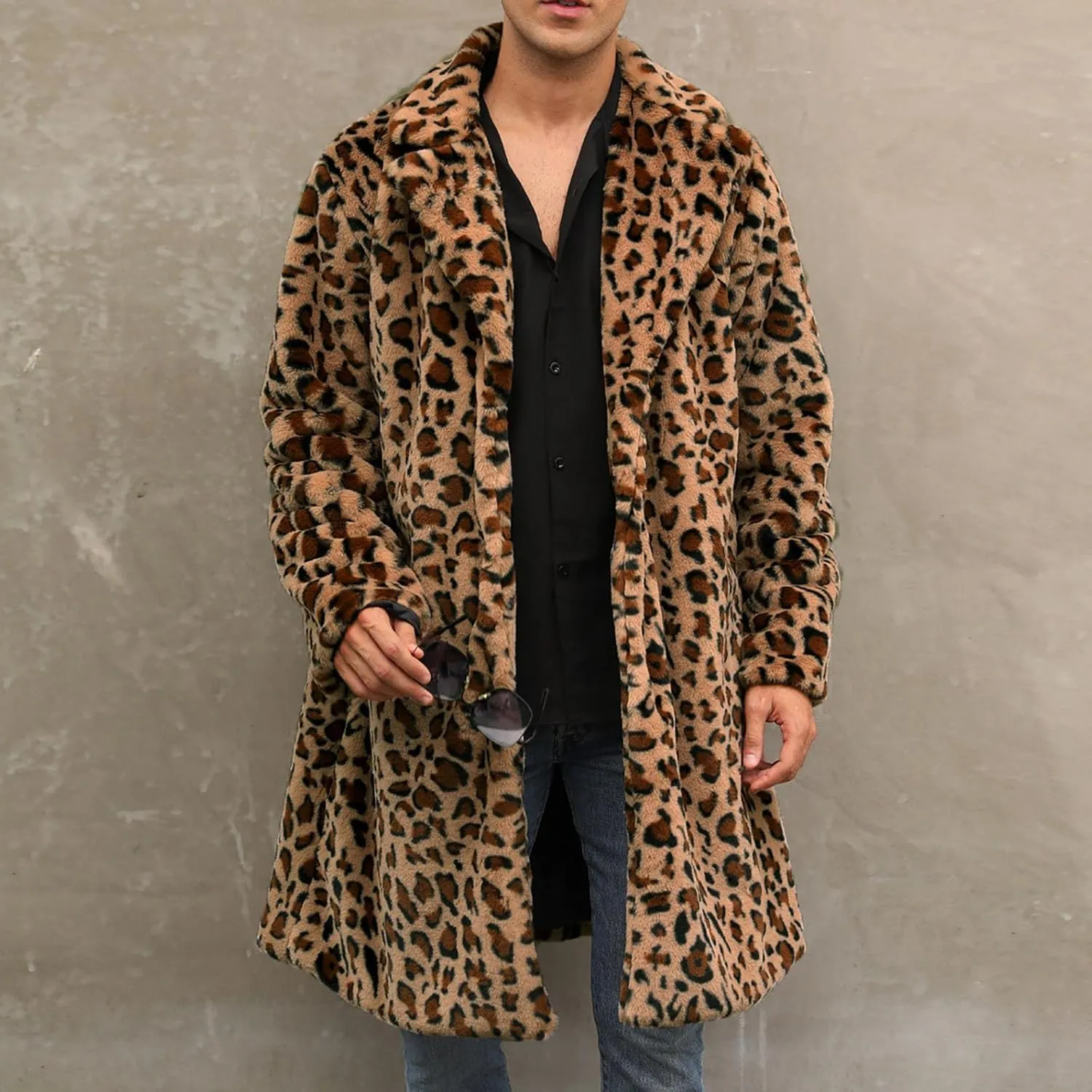 Leopard Print Faux Fur Coat Men Fuzzy Fleece Cardigan Winter Open Front Jacket Warm Overcoat Plus Size Outwear