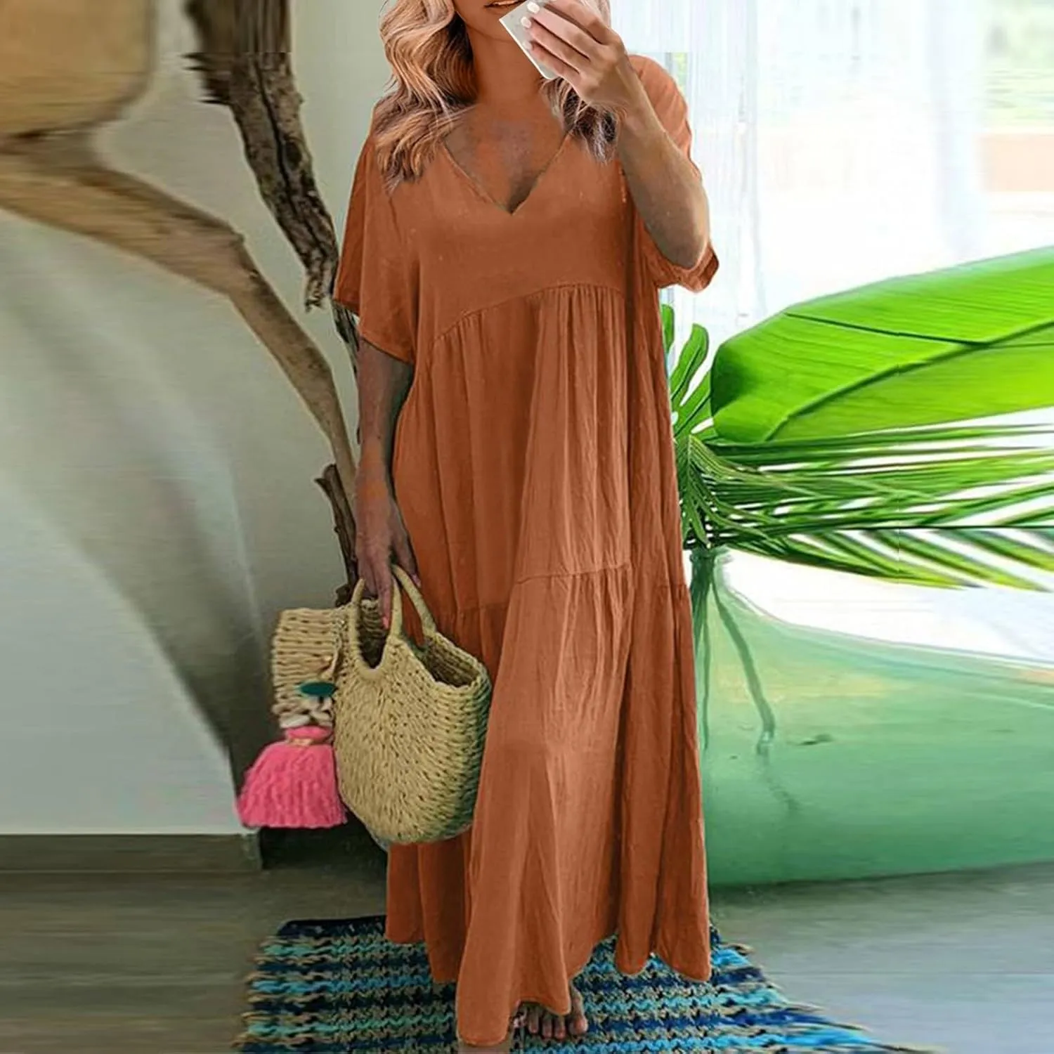 Linen Dress Women Summer Short Sleeve V Neck Plus Size Maxi Dress Casual Flowy Loose Long Vacation Beach Dresses