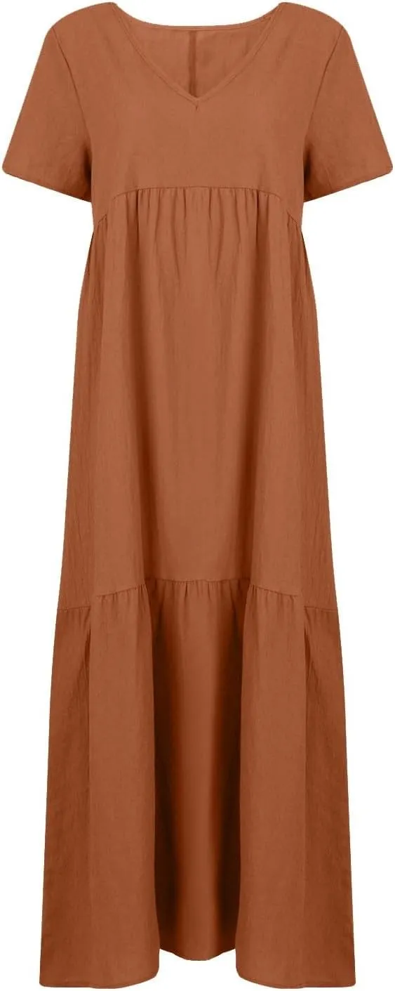 Linen Dress Women Summer Short Sleeve V Neck Plus Size Maxi Dress Casual Flowy Loose Long Vacation Beach Dresses